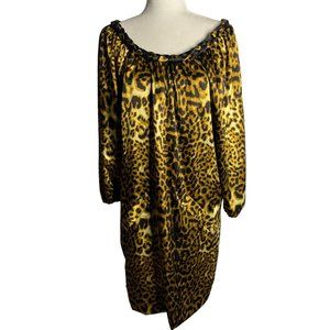 Vintage 90s Leopard Print Shift Dress L Brown Braided Collar Puff Sleeve Pockets